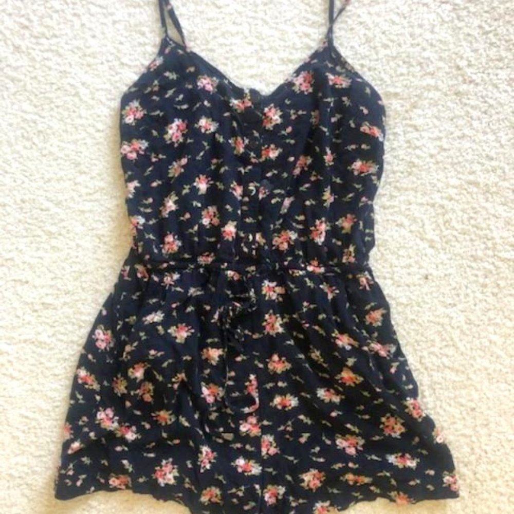 Navy Blue Floral Romper with Drawstring Elastic Waist and Front Buttons Sz Small